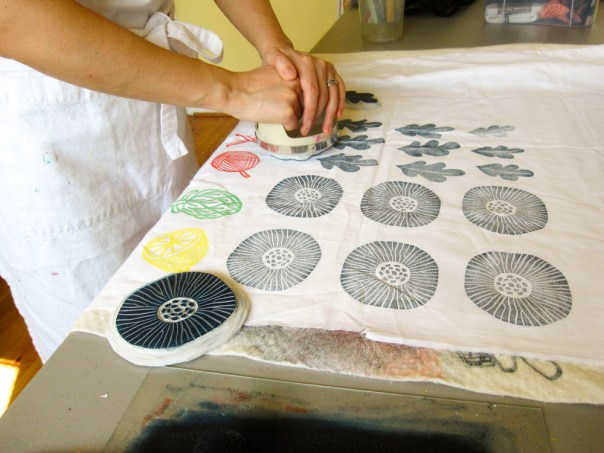 block printing on fabric poppy design