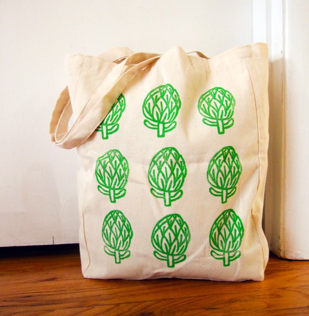 hand block printed artichoke tote bag