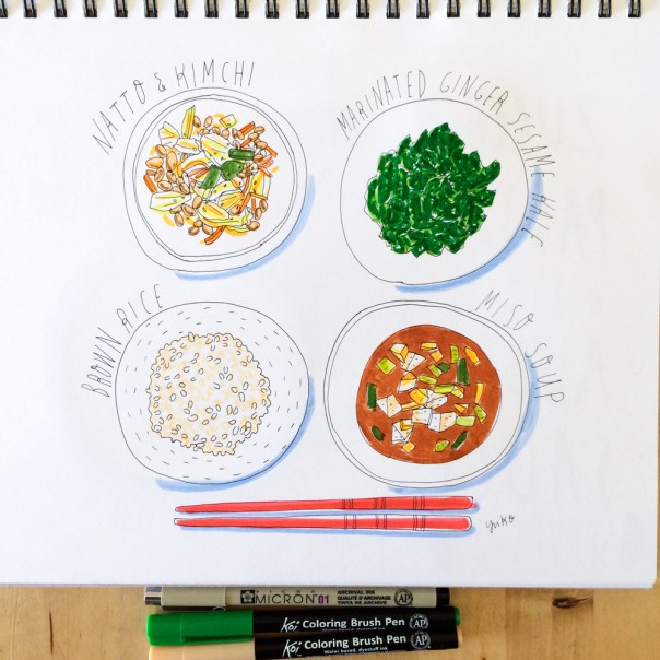 Japanese breakfast kale natto miso rice illustration