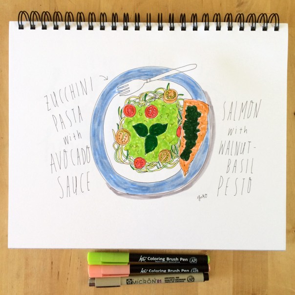 zucchini pasta with creamy avocado sauce with salmon with vegan walnut pesto illustration